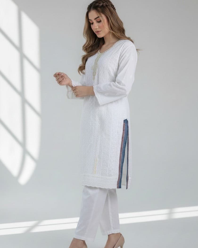 White Cotton Afghan Punjabi Suit with Navy Patterned Chadar