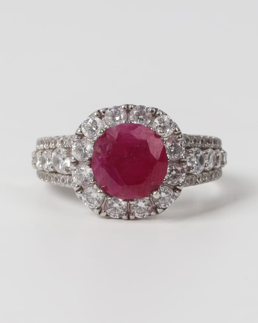 Nareen Ruby Halo Silver Ring – Deep Red Gemstone Statement Ring