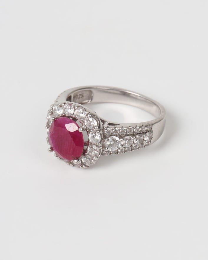 Nareen Ruby Halo Silver Ring – Deep Red Gemstone Statement Ring