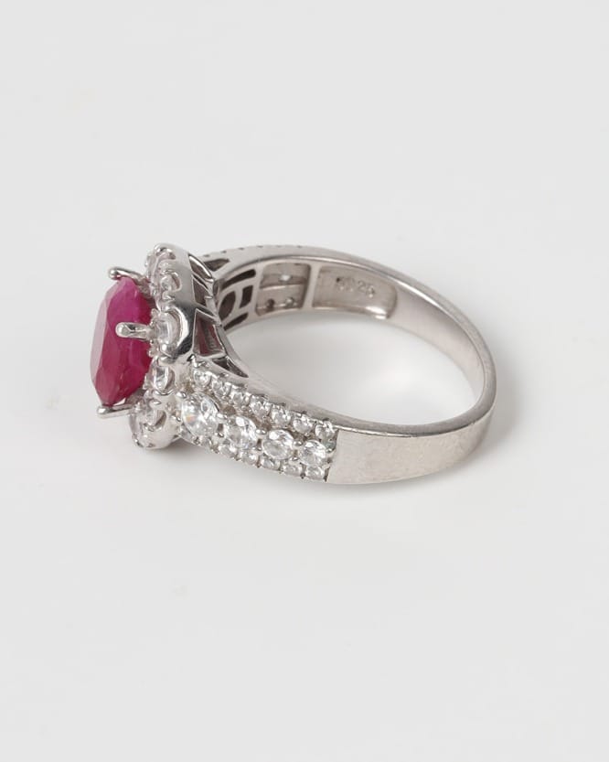 Nareen Ruby Halo Silver Ring – Deep Red Gemstone Statement Ring