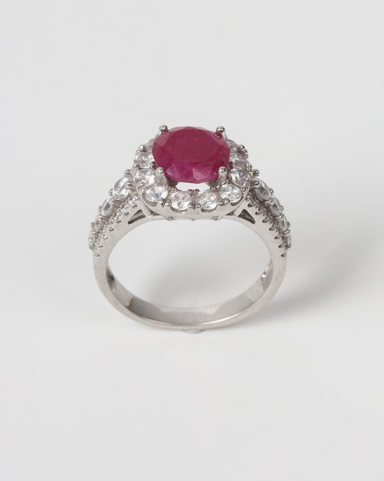 Nareen Ruby Halo Silver Ring – Deep Red Gemstone Statement Ring
