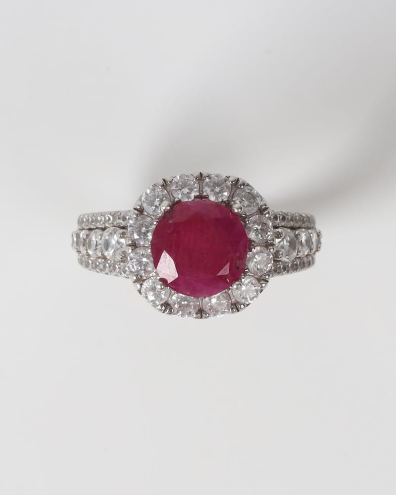 Nareen Ruby Halo Silver Ring – Deep Red Gemstone Statement Ring