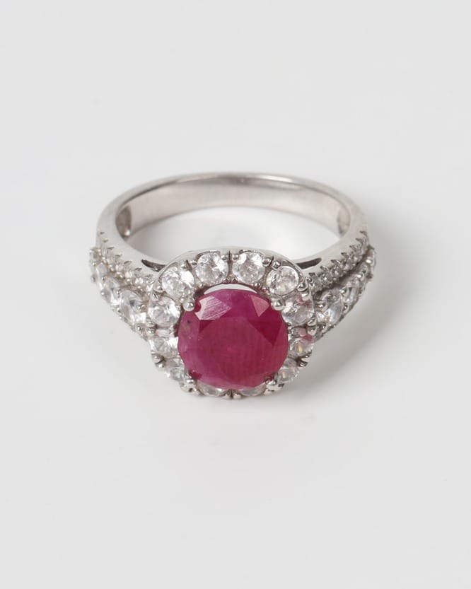 Nareen Ruby Halo Silver Ring – Deep Red Gemstone Statement Ring