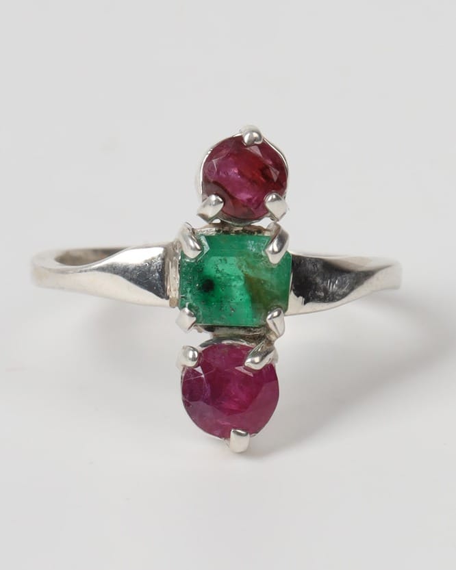 Red & Green Ruby Emerald Silver Ring