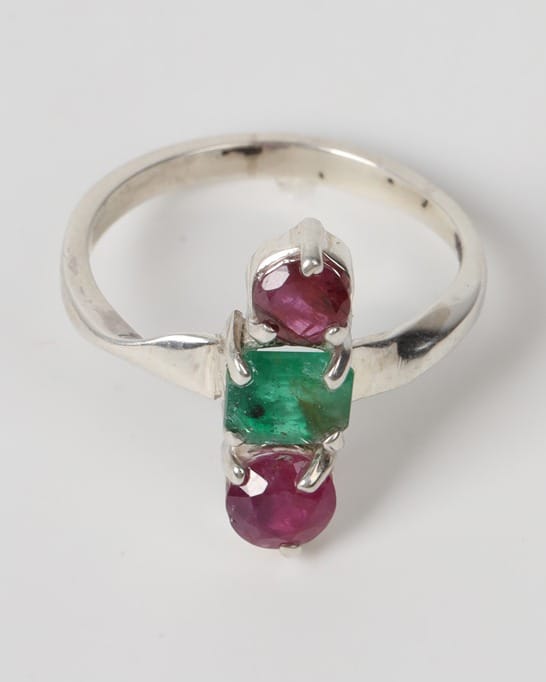 Red & Green Ruby Emerald Silver Ring