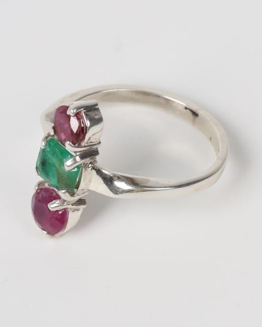 Red & Green Ruby Emerald Silver Ring