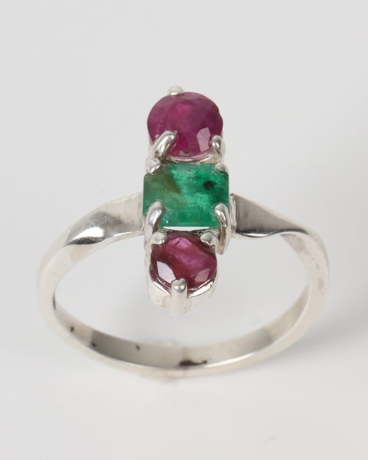 Red & Green Ruby Emerald Silver Ring