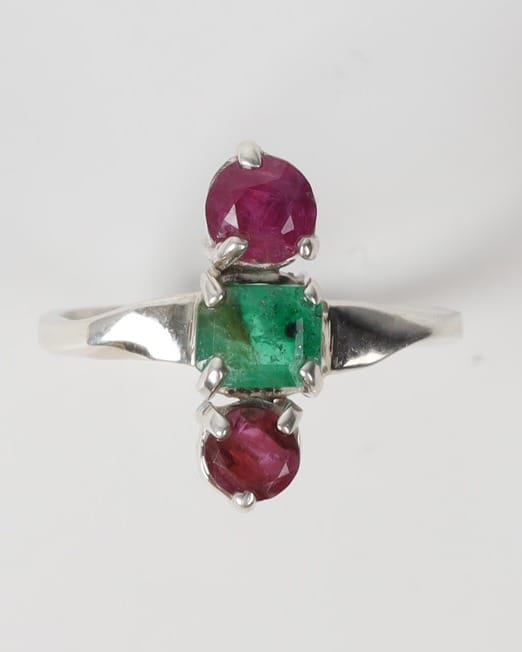 Red & Green Ruby Emerald Silver Ring