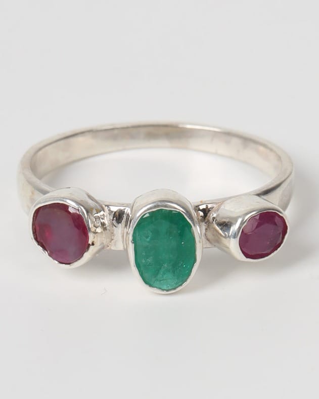 Ruby Red & Emerald Green Rangena Triple Stone Silver Ring