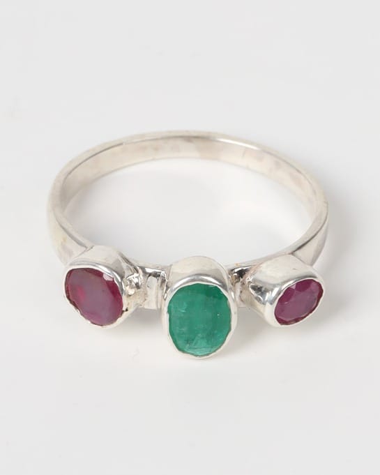 Ruby Red & Emerald Green Rangena Triple Stone Silver Ring