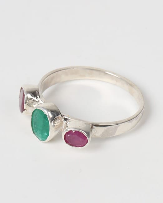 Ruby Red & Emerald Green Rangena Triple Stone Silver Ring