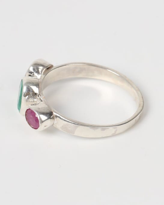 Ruby Red & Emerald Green Rangena Triple Stone Silver Ring
