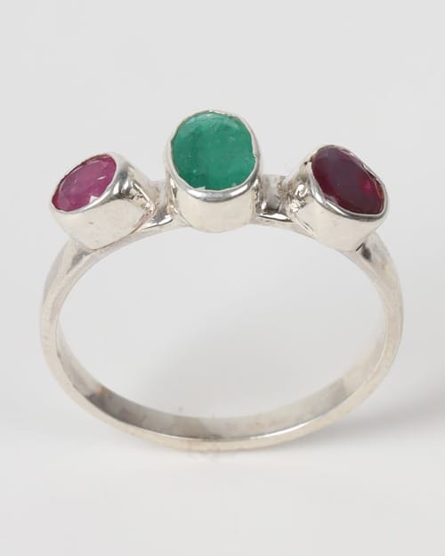 Ruby Red & Emerald Green Rangena Triple Stone Silver Ring