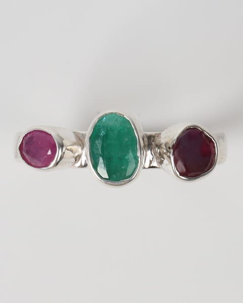 Ruby Red & Emerald Green Rangena Triple Stone Silver Ring