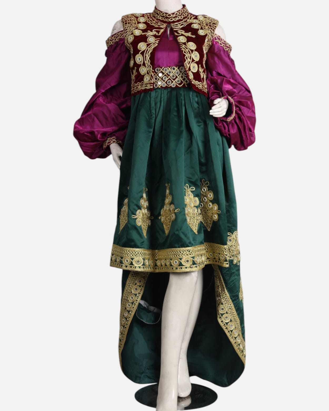 Burgundy Velvet & Satin Embroidered Afghan Dress