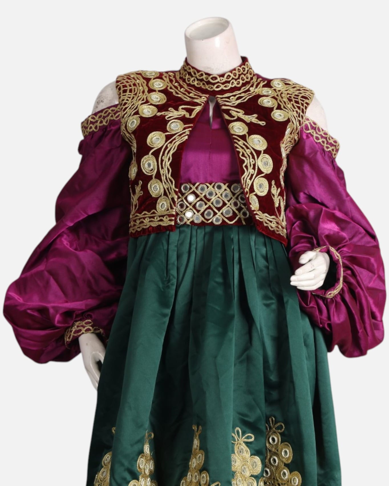 Burgundy Velvet & Satin Embroidered Afghan Dress