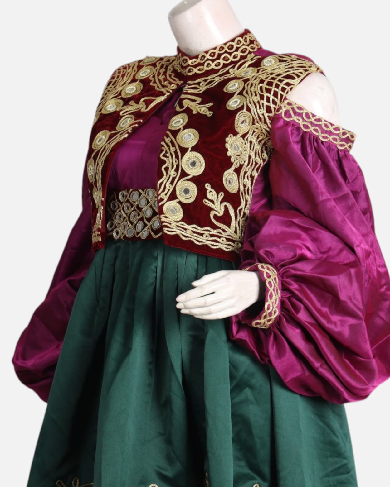 Burgundy Velvet & Satin Embroidered Afghan Dress