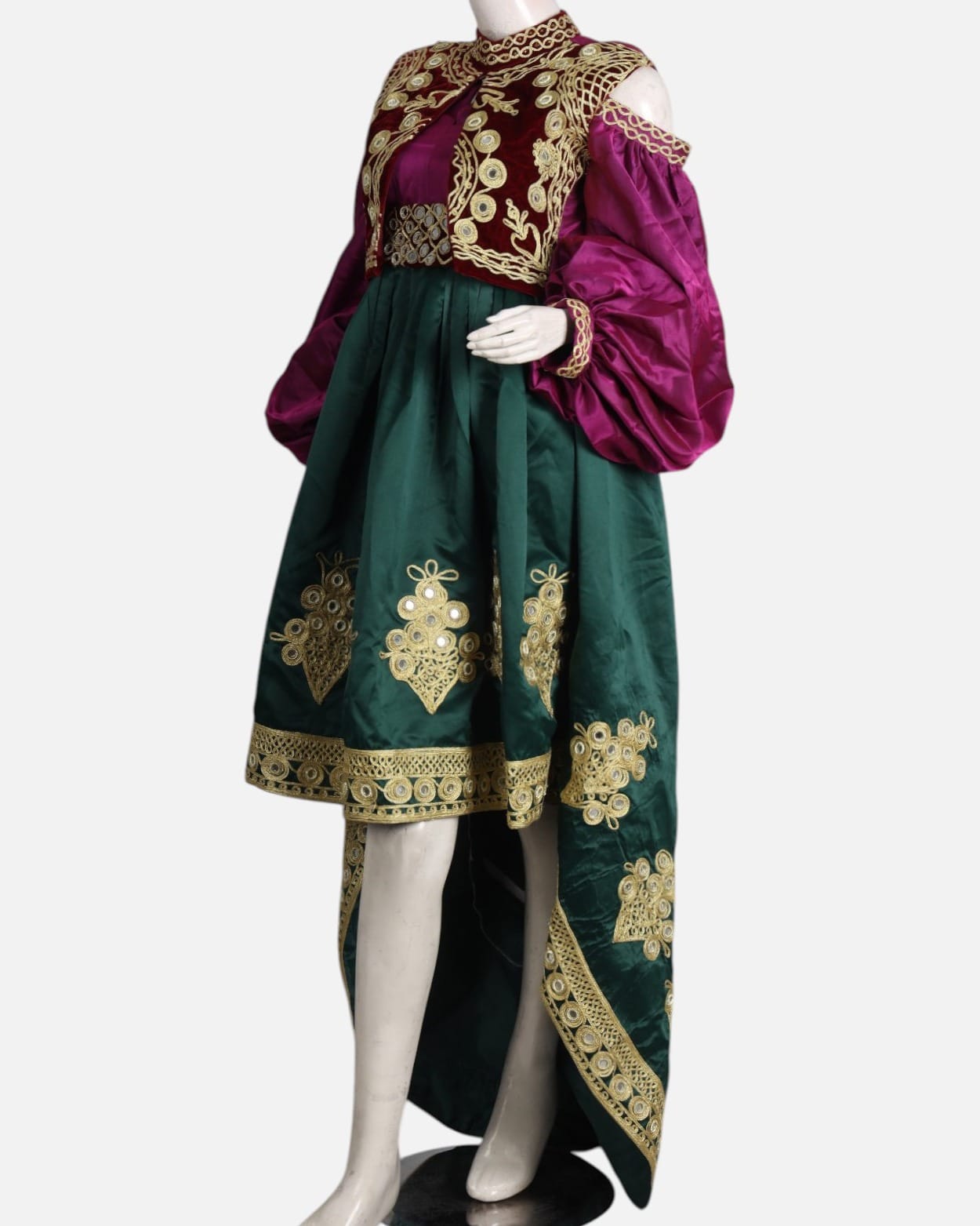 Burgundy Velvet & Satin Embroidered Afghan Dress