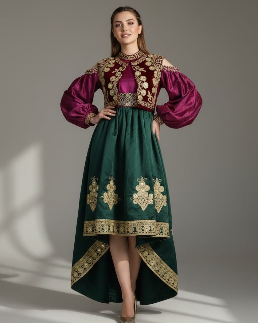 Burgundy Velvet & Satin Embroidered Afghan Dress