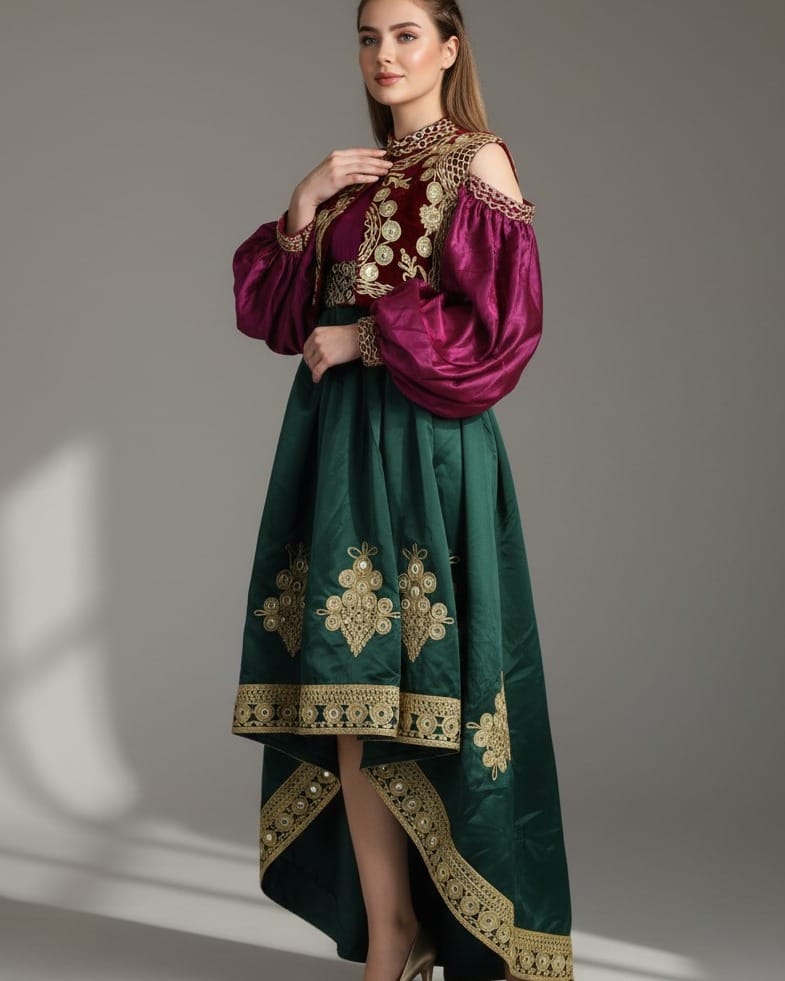 Burgundy Velvet & Satin Embroidered Afghan Dress