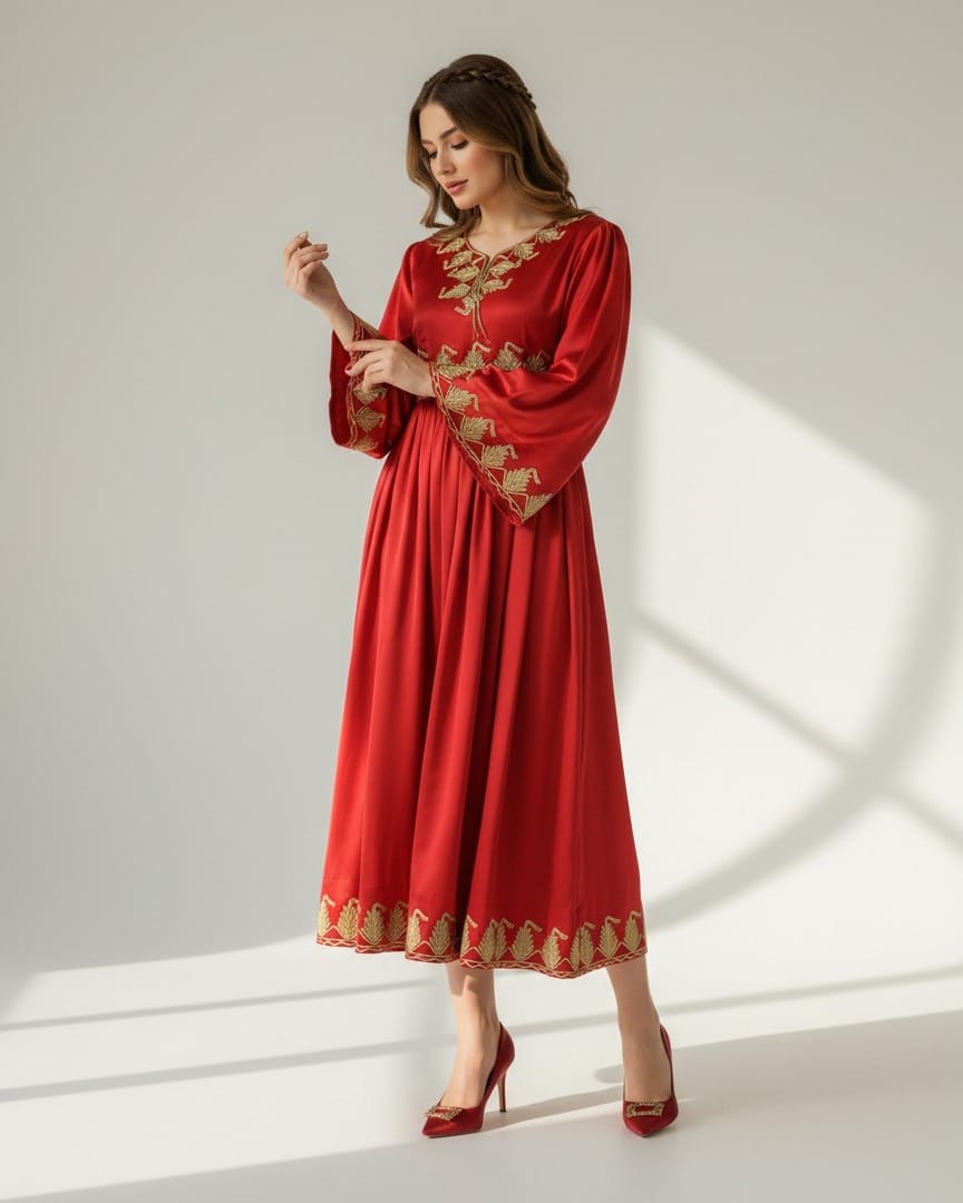 Red Silk Arabic Patch Afghan Dress