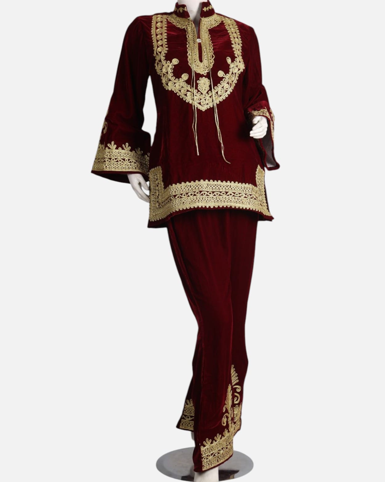 Red Velvet Afghan Dress with Gold Embroidery