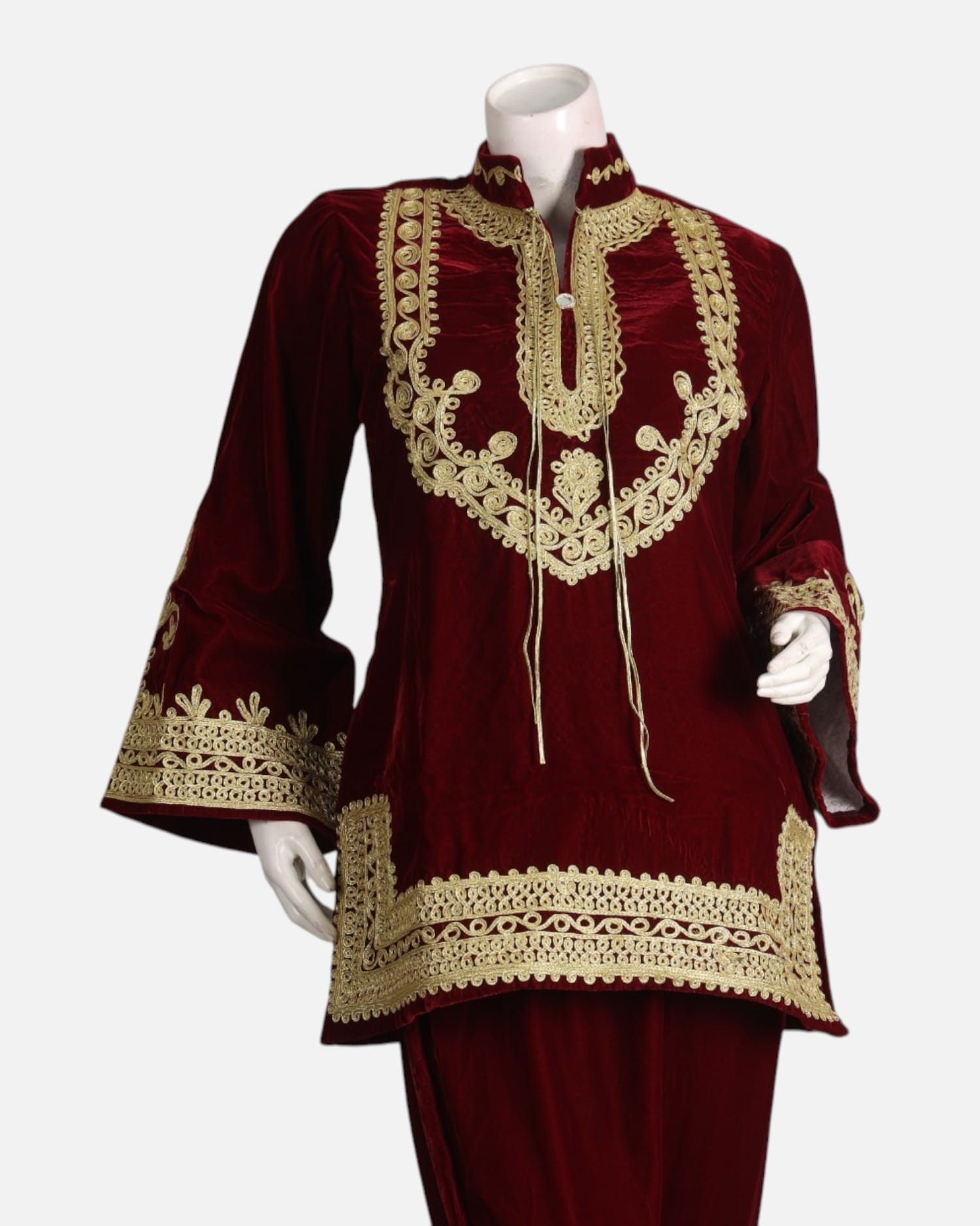 Red Velvet Afghan Dress with Gold Embroidery