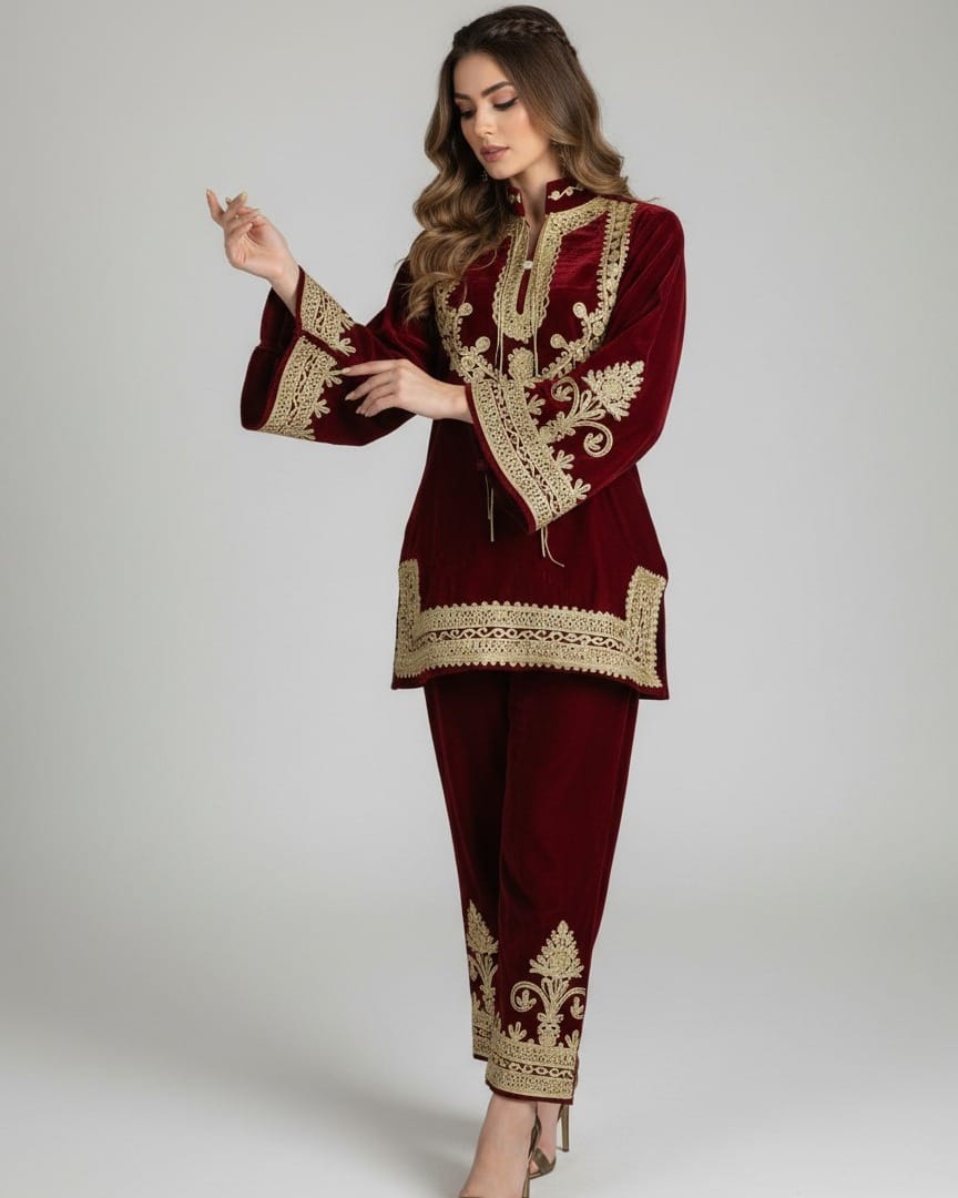 Red Velvet Afghan Dress with Gold Embroidery