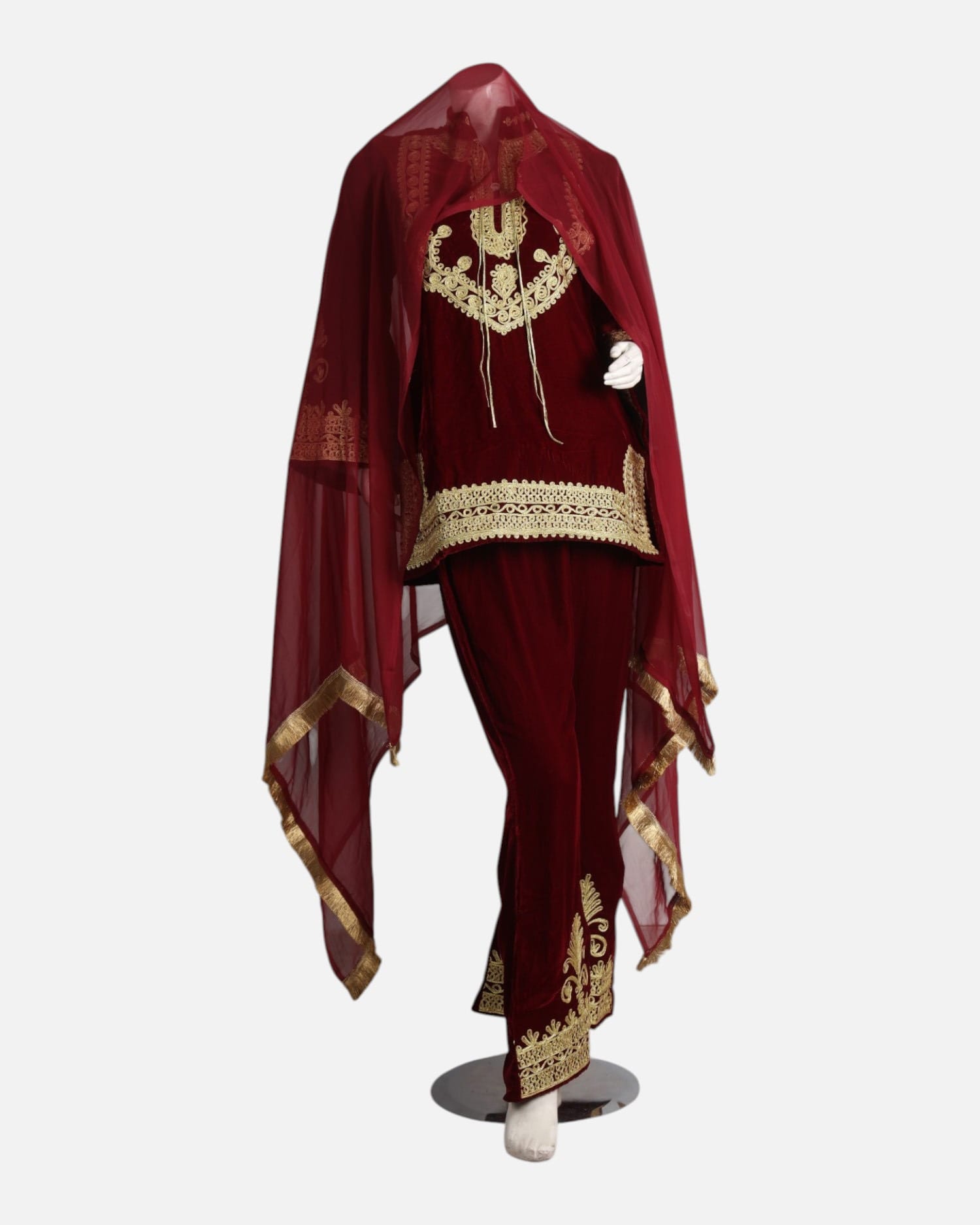 Red Velvet Afghan Dress with Gold Embroidery
