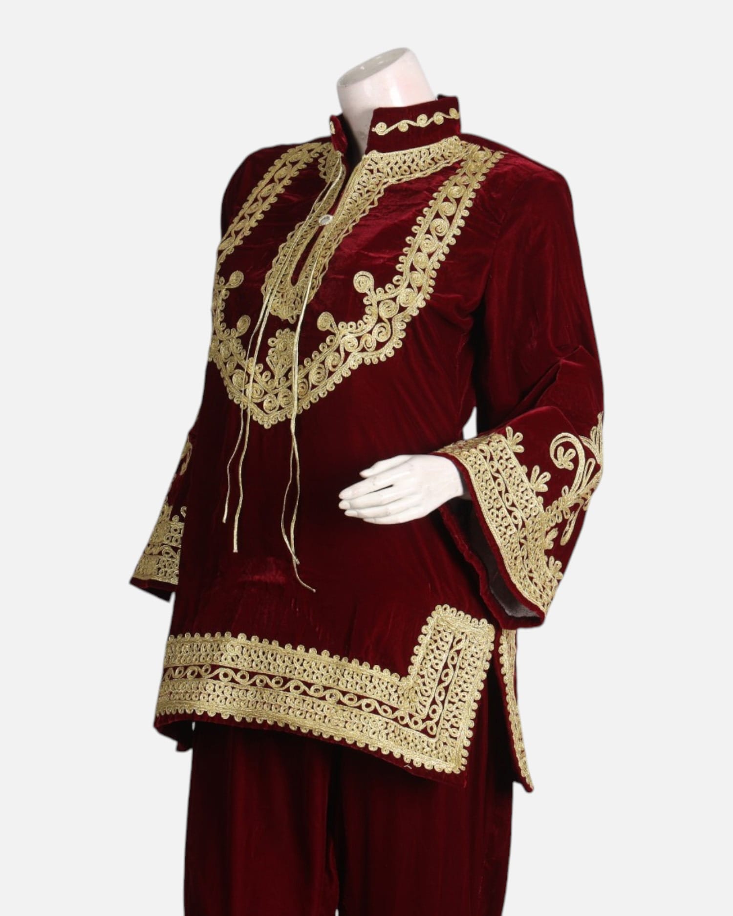 Red Velvet Afghan Dress with Gold Embroidery