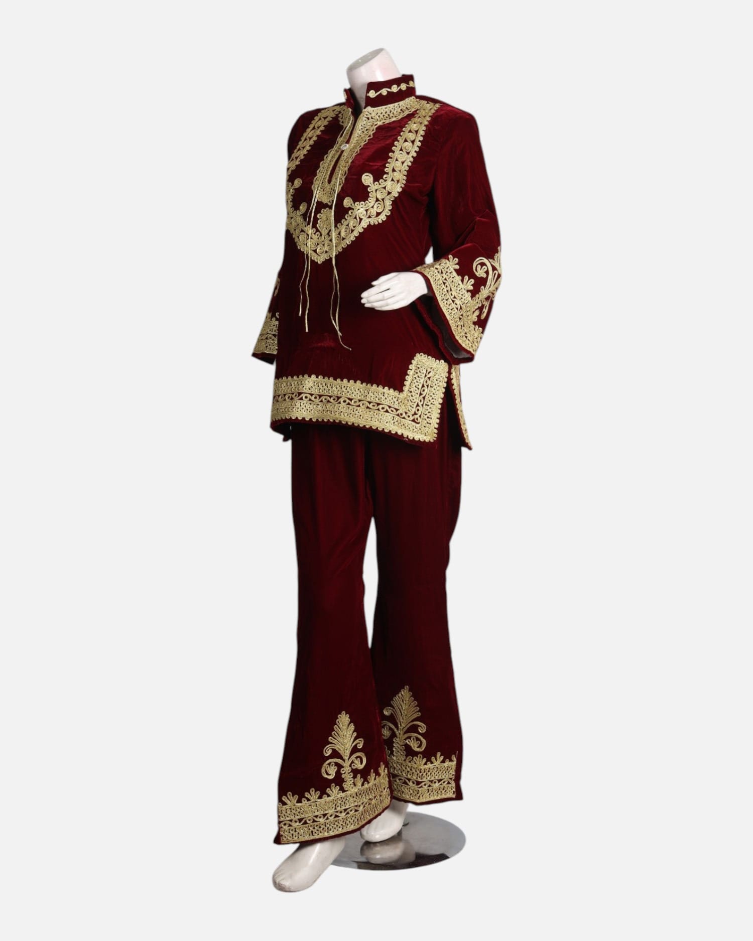 Red Velvet Afghan Dress with Gold Embroidery
