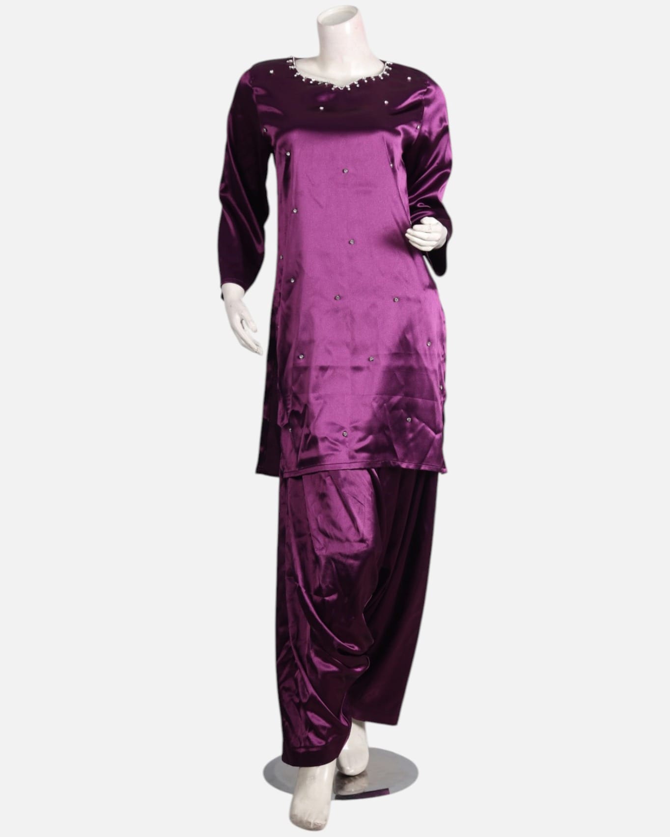 Purple Satin Punjabi Dress with Embroidery