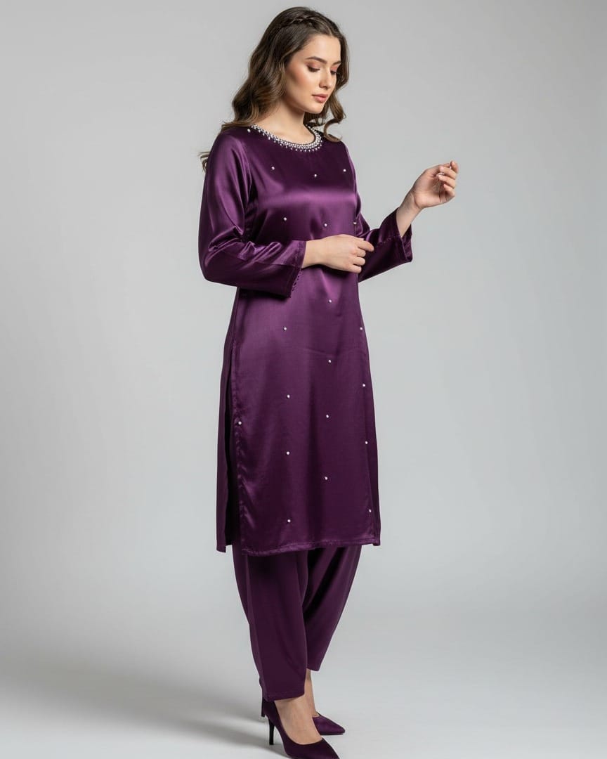 satin punjabi dress for women Purple Satin Punjabi Dress with Embroidery