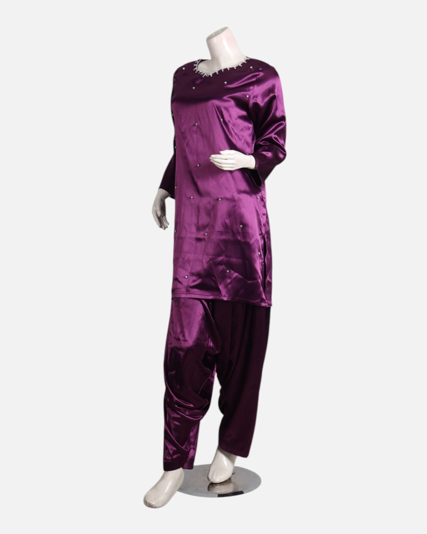 Purple Satin Punjabi Dress with Embroidery