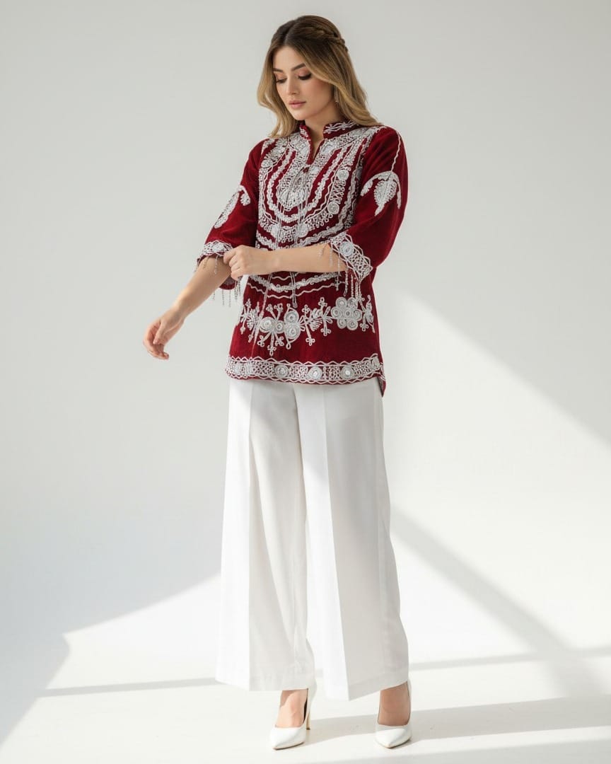 Red Velvet Afghan Embroidered Dress Set