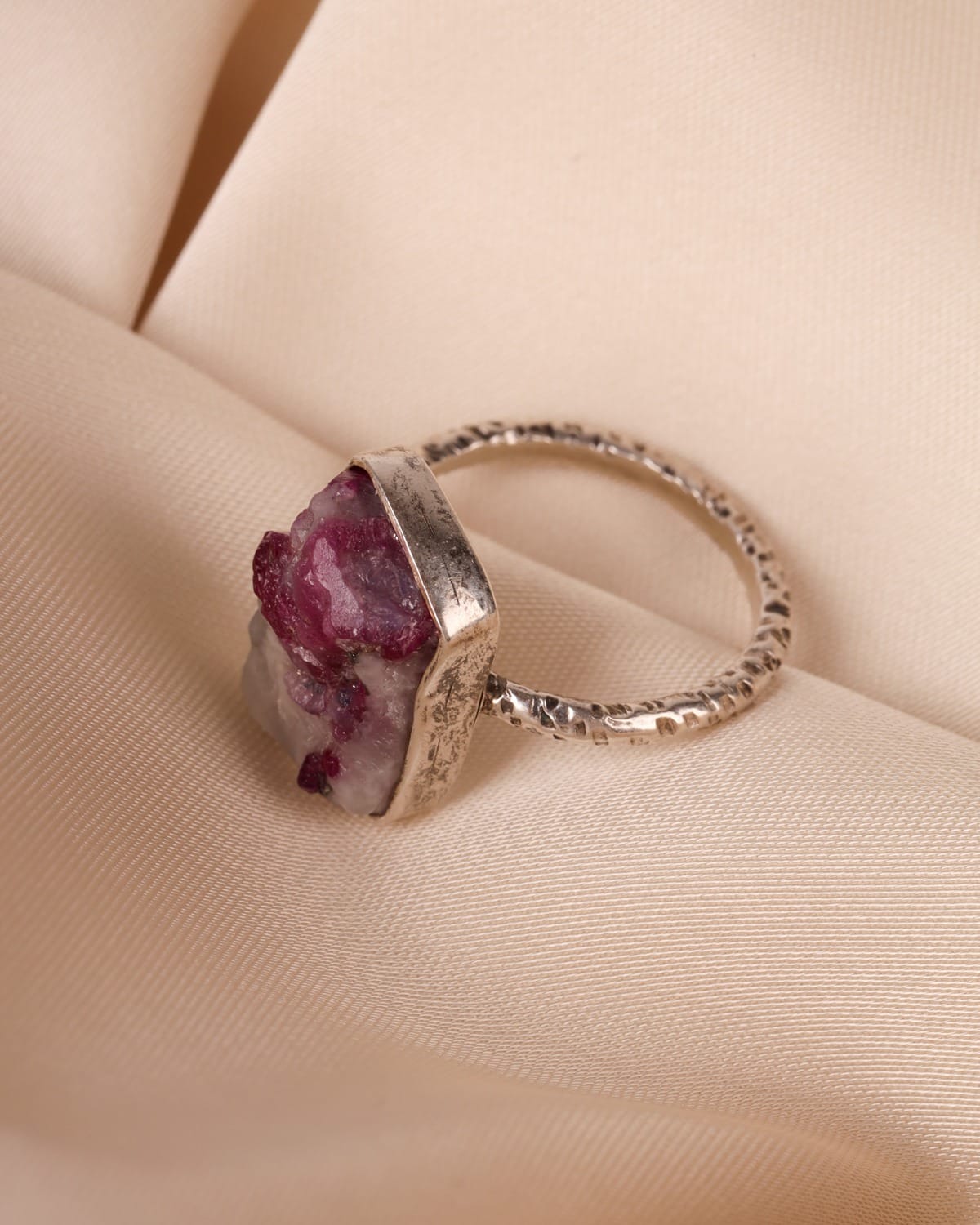 Pink & White Raw Yakdalak Ruby Sterling Silver Ring