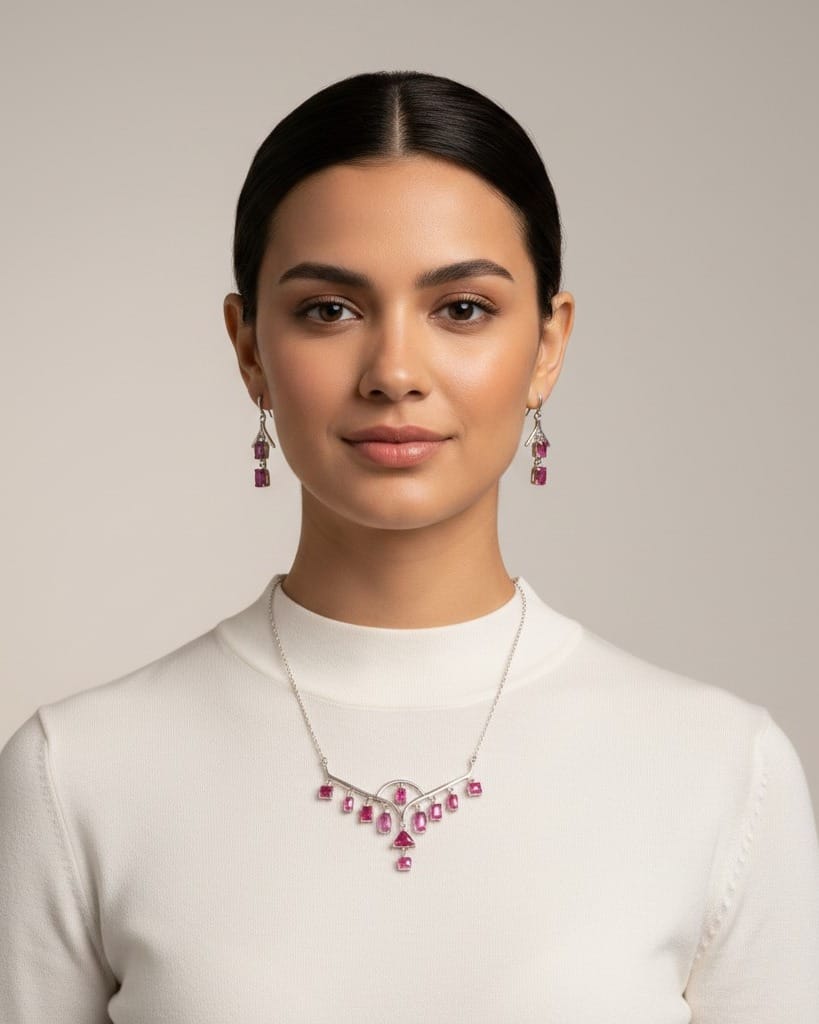 Magenta Jagdalek Ruby Hindukush Jewelry Set – 925 Sterling Silver Necklace, Ring & Earrings