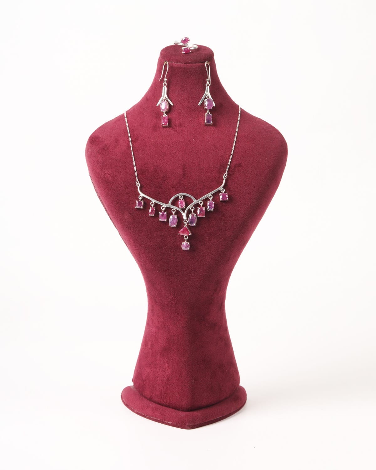 Magenta Jagdalek Ruby Hindukush Jewelry Set – 925 Sterling Silver Necklace, Ring & Earrings
