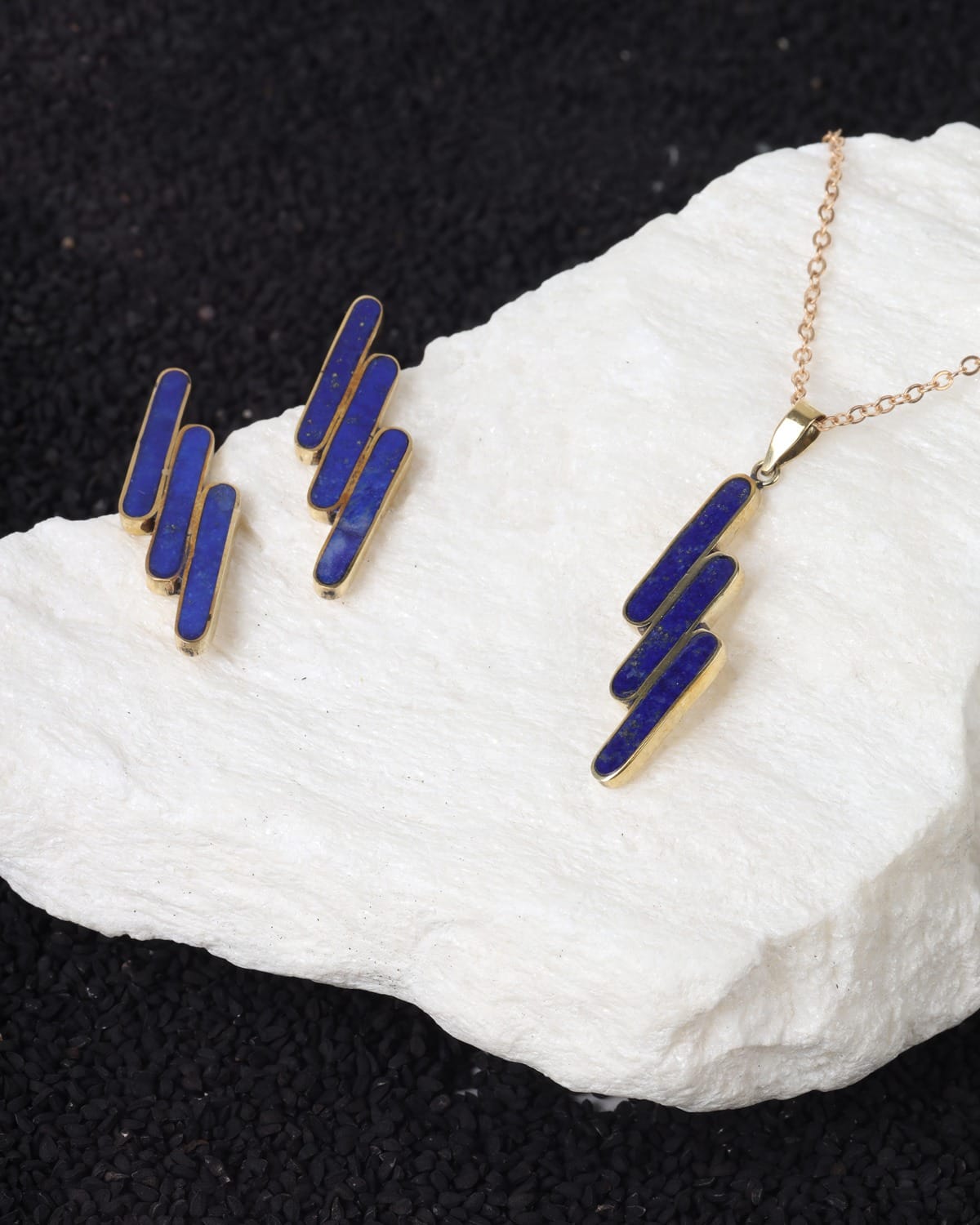 Lapis Lazuli Brass Necklace with Matching Earrings, Semi Classical