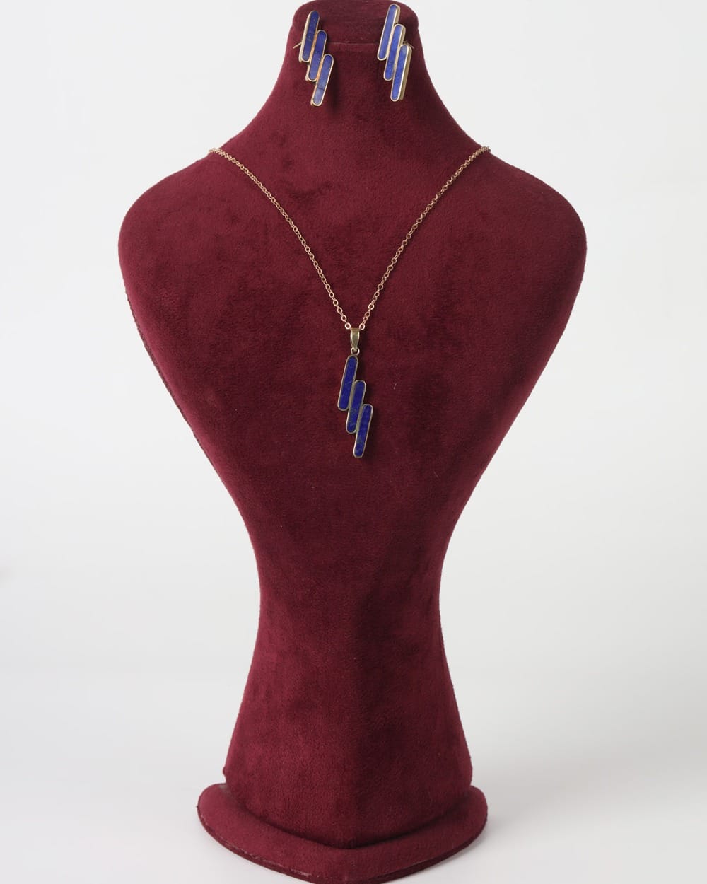 Lapis Lazuli Brass Necklace with Matching Earrings, Semi Classical