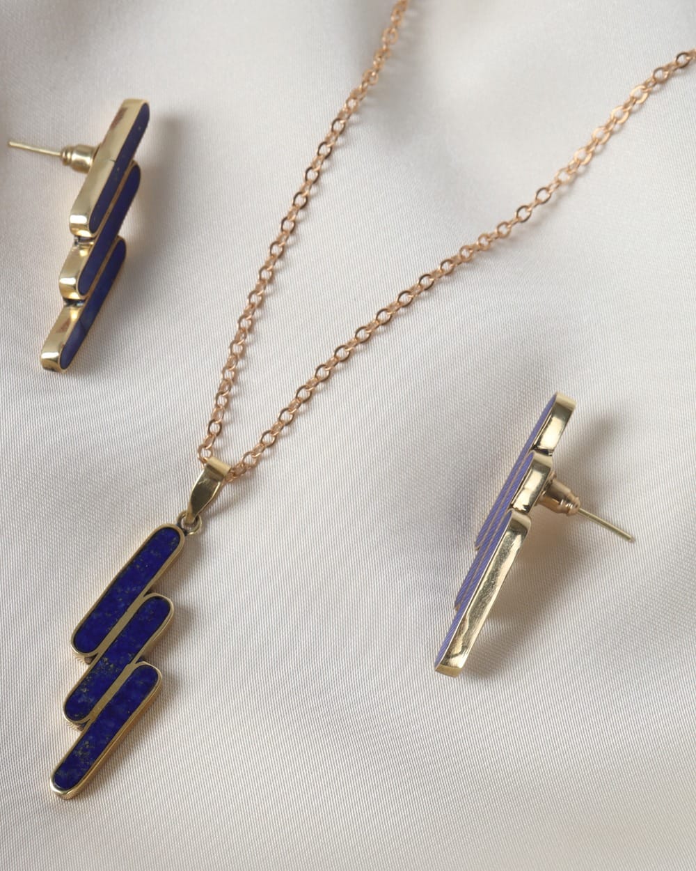 Lapis Lazuli Brass Necklace with Matching Earrings, Semi Classical