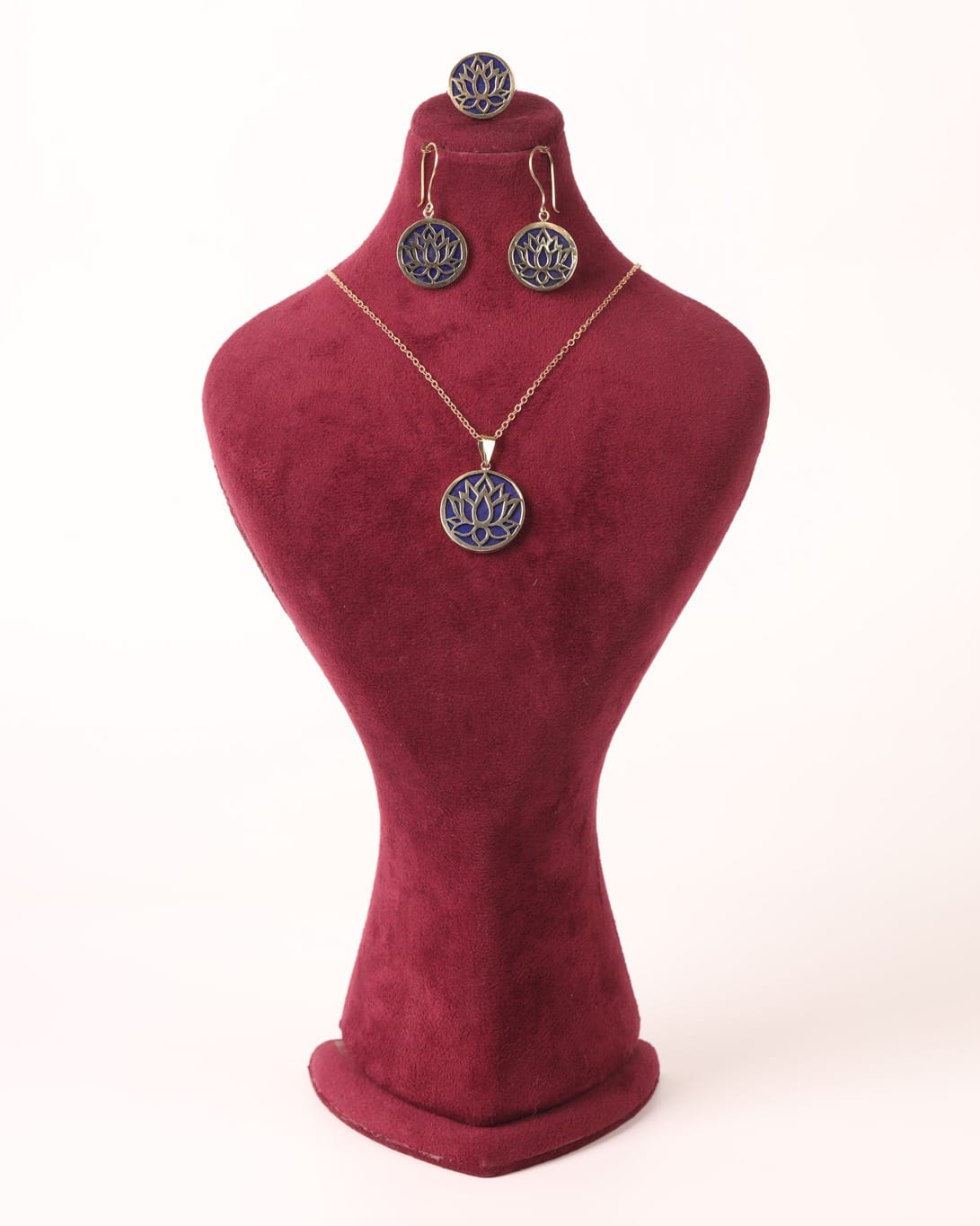 Double-Sided Tulip Flower Dark Blue Lapis Necklace, Ring & Earrings Set