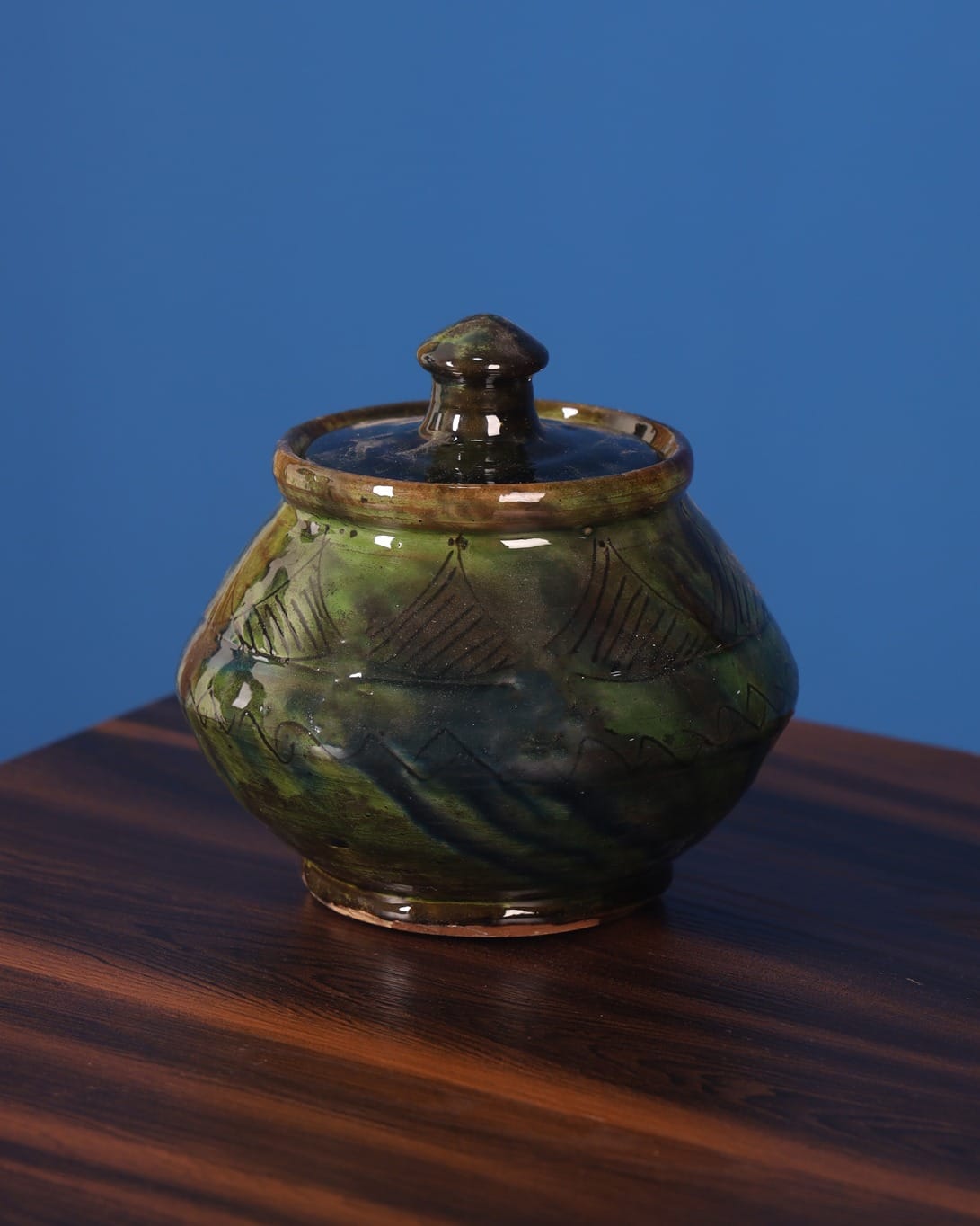 Green Glazed Candy Bowl with Lid – Handmade Ceramic
