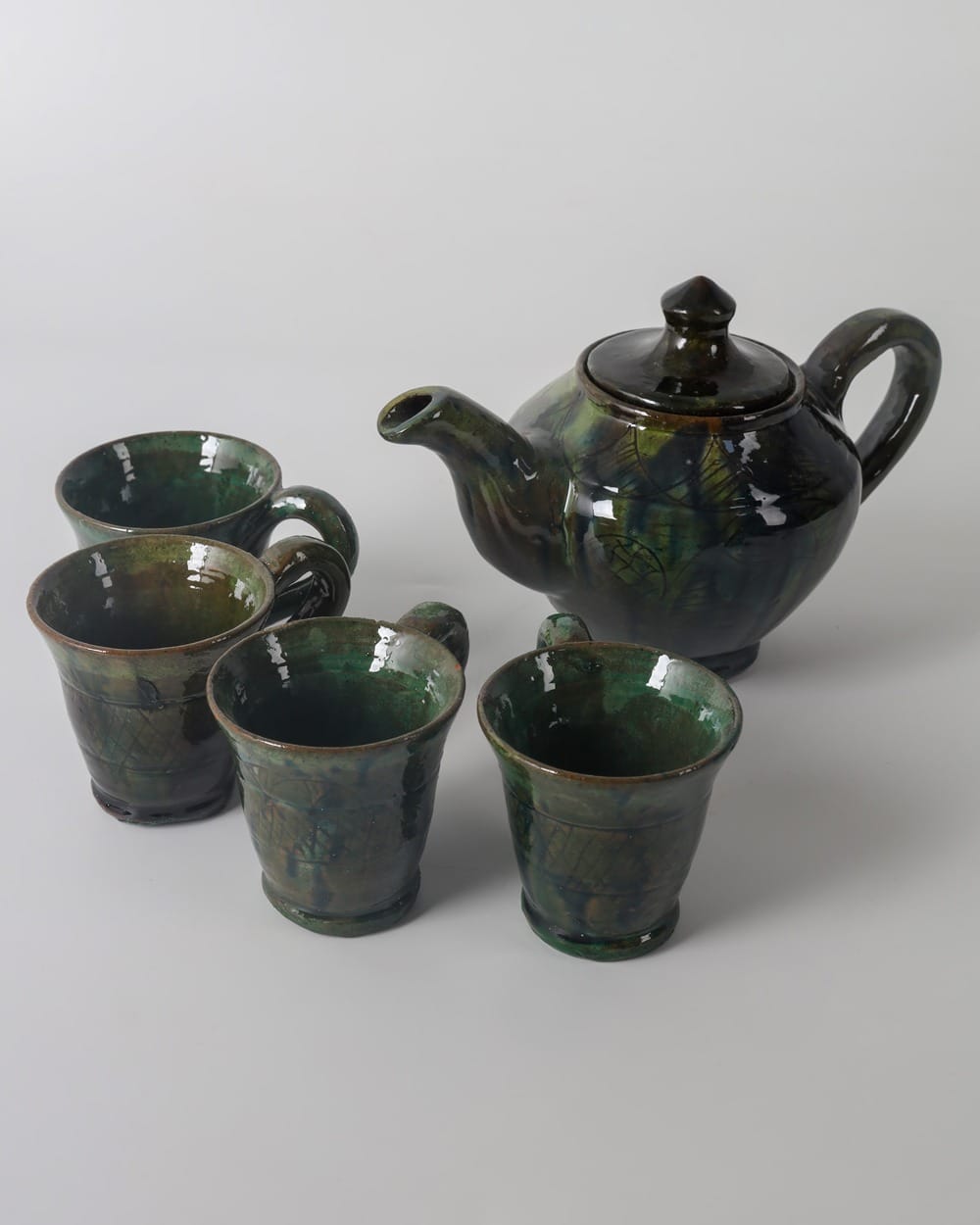 Dark Green Ceramic Teapot Set with 4 Matching Cups