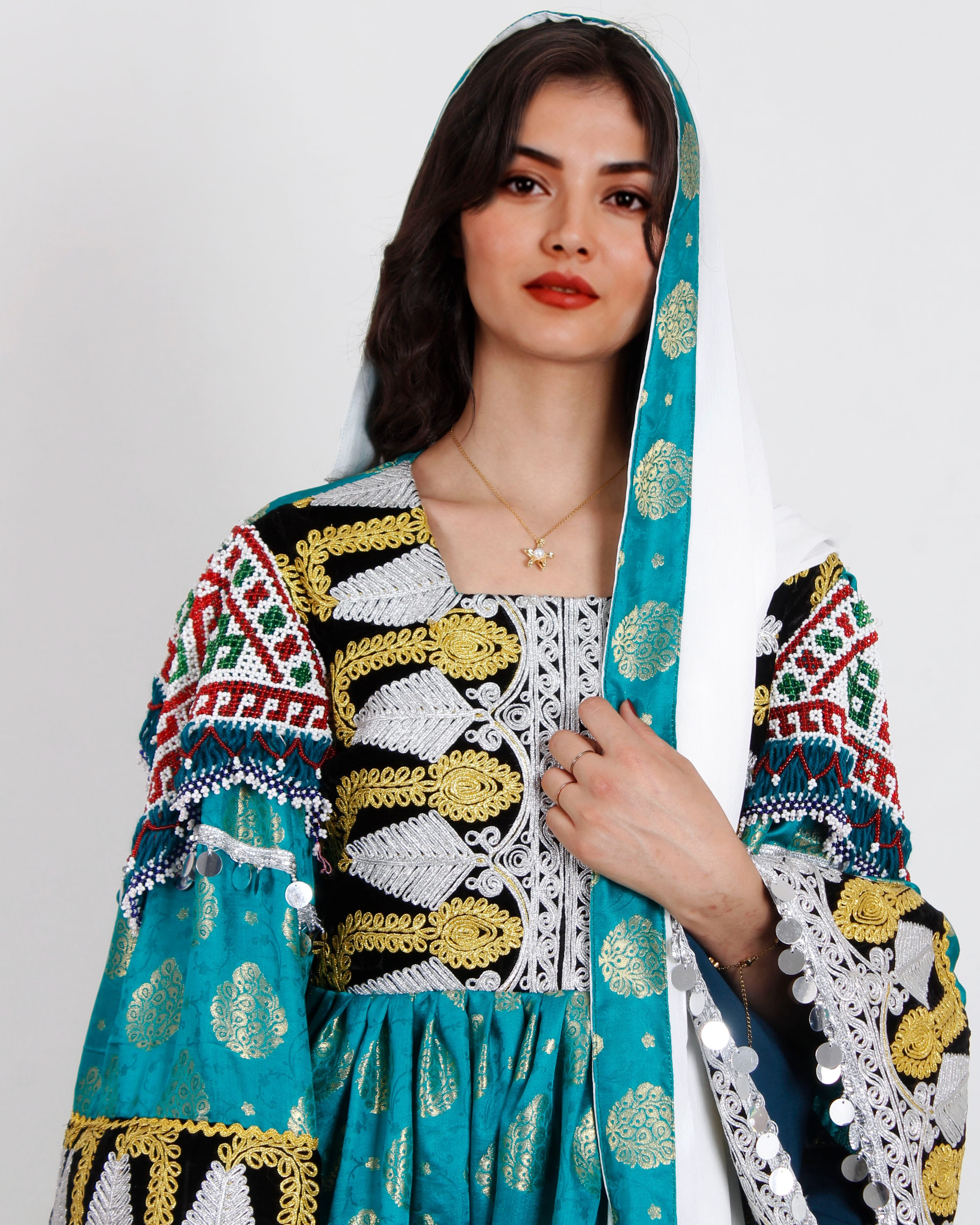 Gand Dress with Banaras Fabric & Harir Shawl