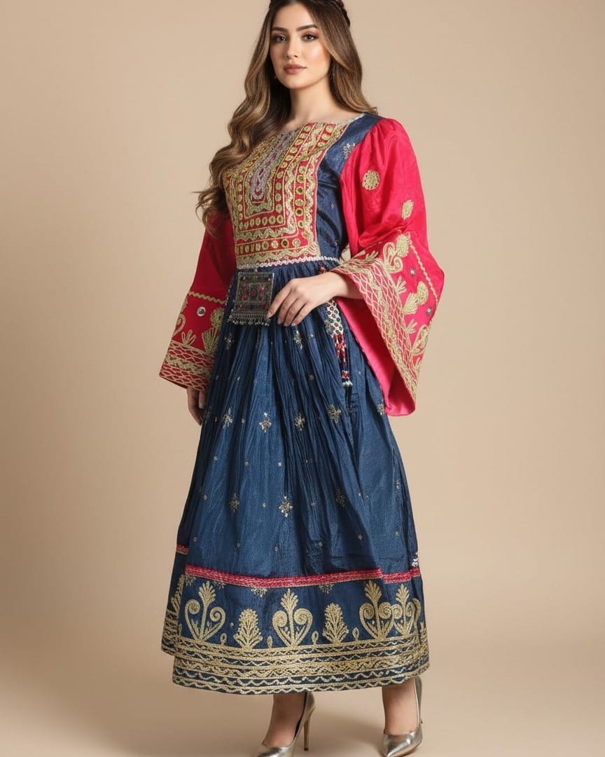Mustard Gold & Crimson Afghan Dress