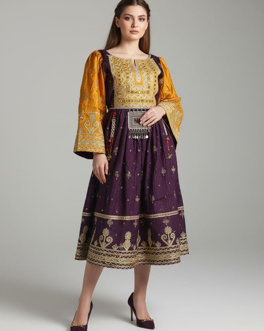 Royal Plum Afghan Dress with Golden Embroidery