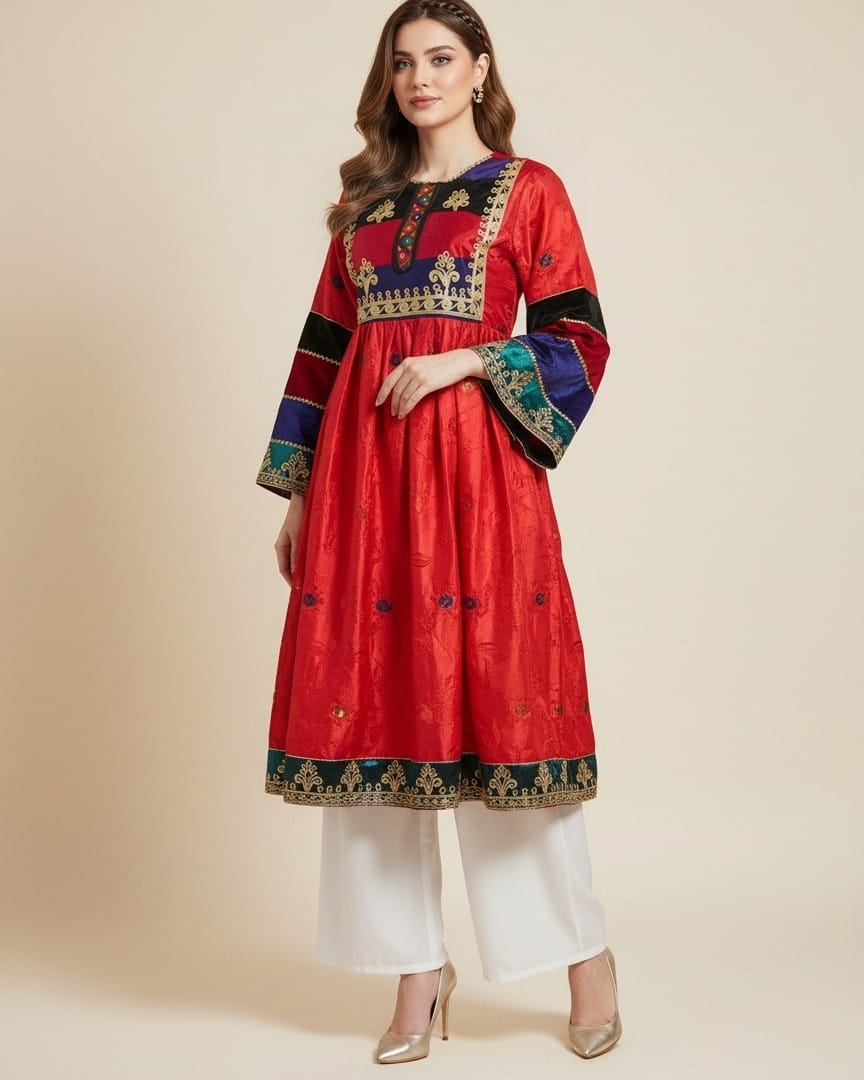 Red Afghan Dress with White Shawl