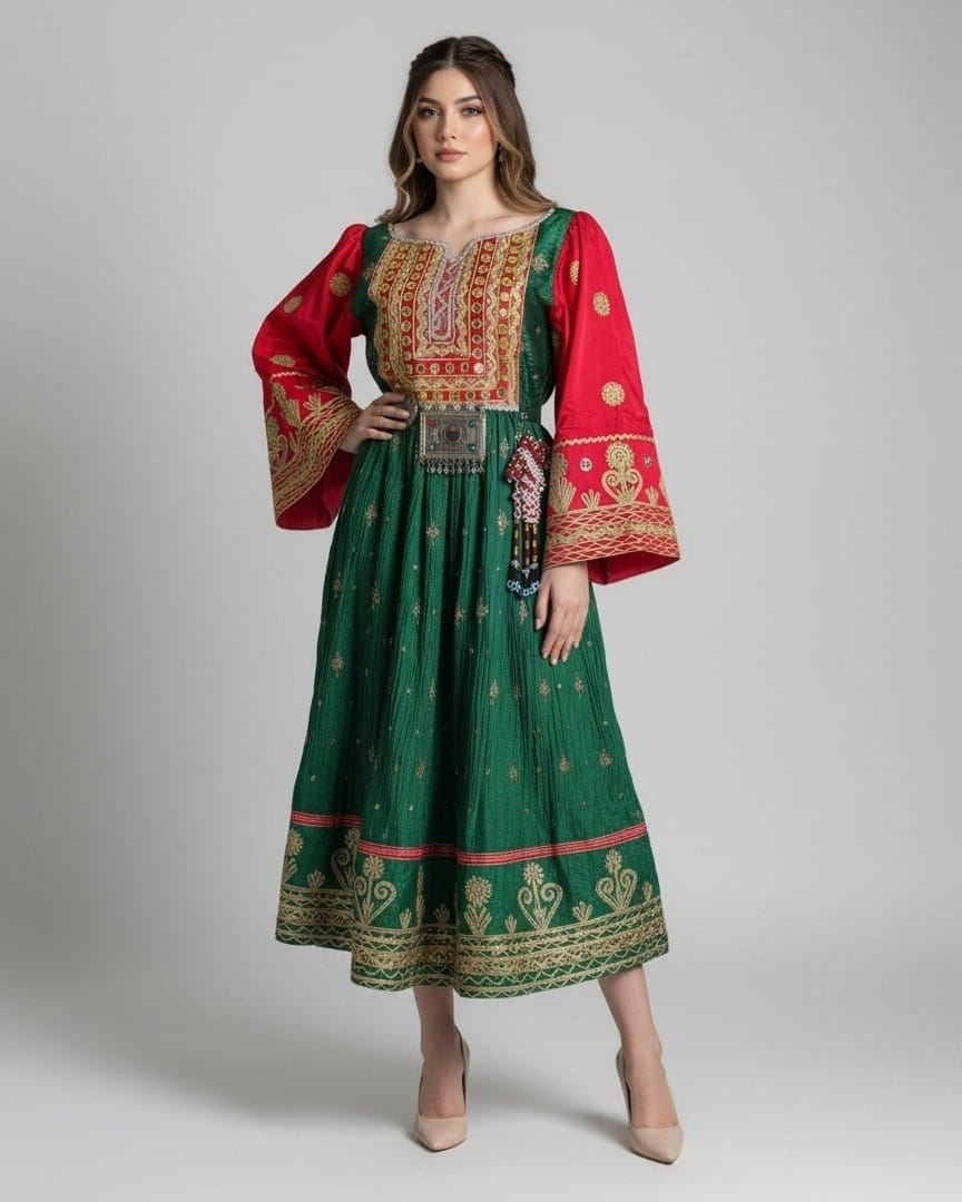 Emerald Afghan Dress with Fuchsia Shawl