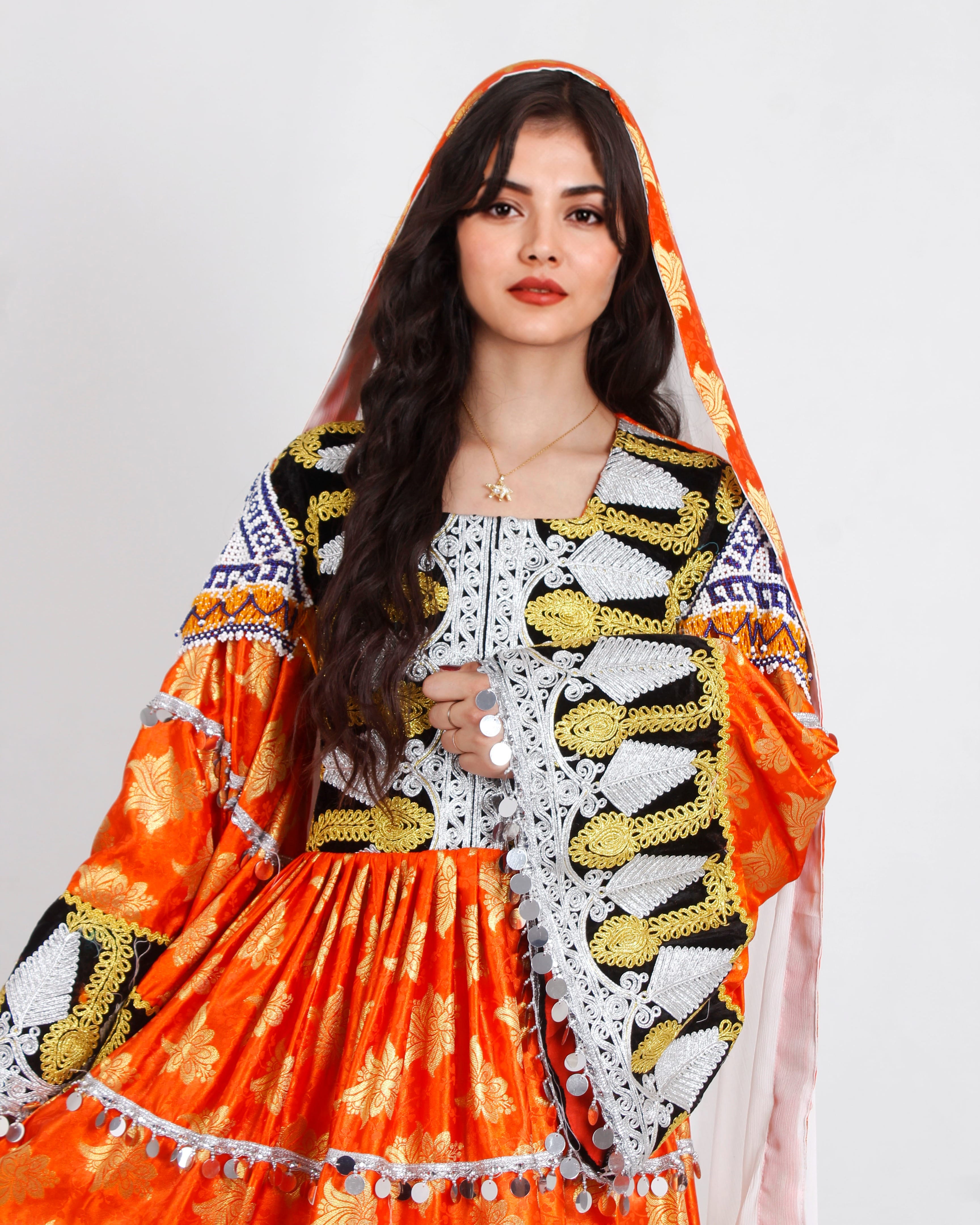 Orange Banarasi  Dress with Harir Shawl